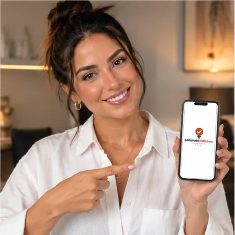 A Clara sorrindo e apontando para a logo do site no celular